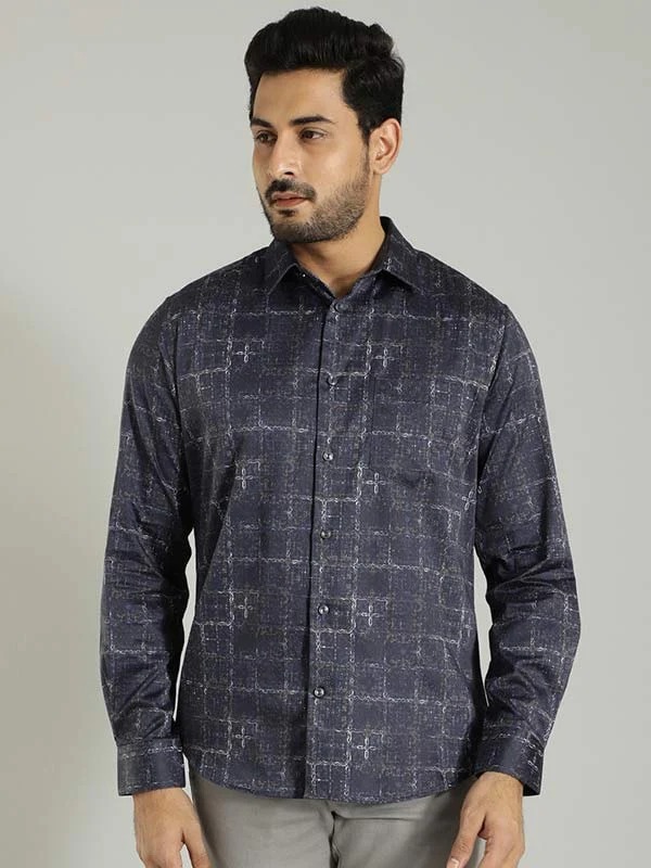 Indian Terrain Men's Slim Fit Full Sleeve All Over Print Dark Blue Shirt